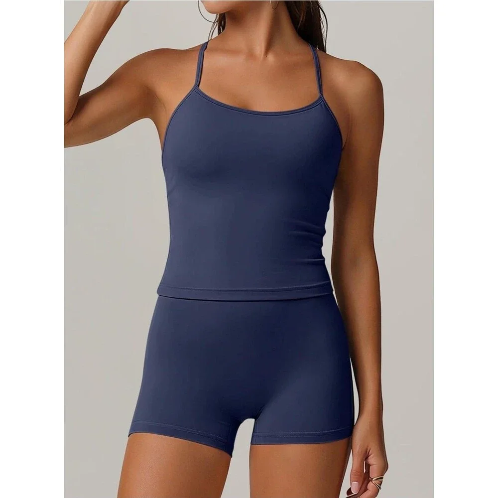 Women Workout Set Built in Bra 2 Pc Outfits Tank Tops Tummy Control Short B23